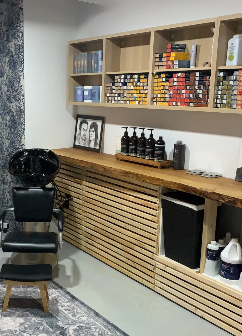 The colour bar and styling space inside the studio